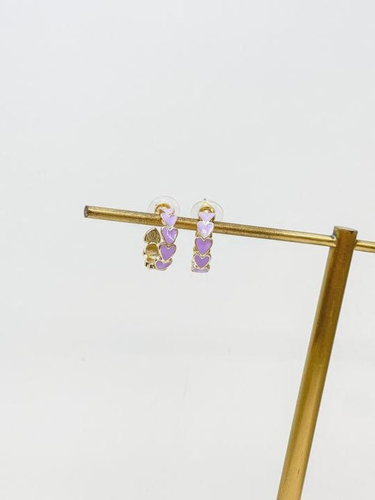 Gold and Enamel Heart Hoop Earrings- Purple