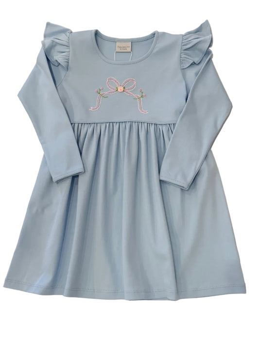 Angel Sleeve Dress with Bow Detail, Light Blue