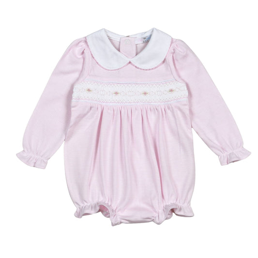 Sally Pink Stripes Smocked Pima Long Sleeve Bubble