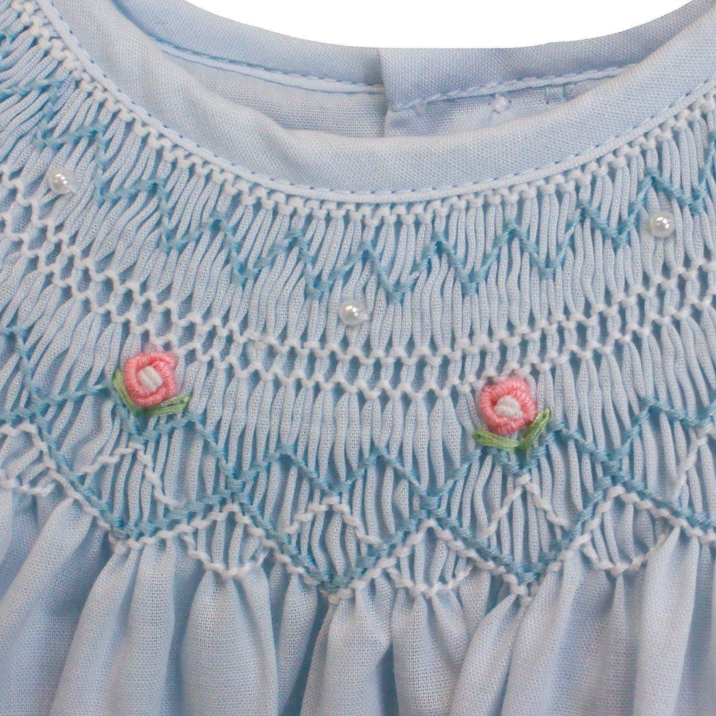 Blue Daygown with Smocking & Pearls