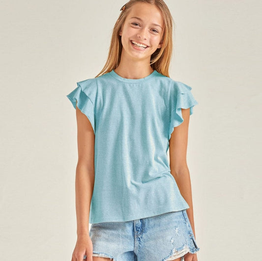 Tiered Flutter Sleeve Knit Top - Blue