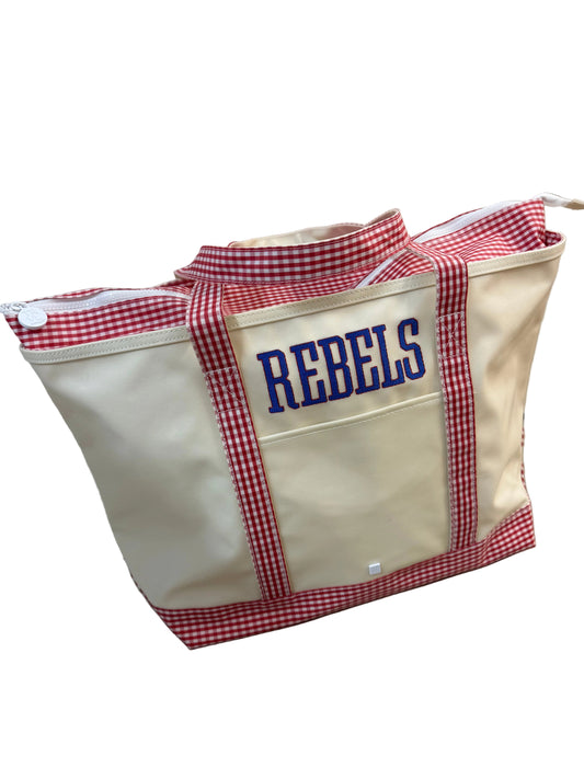 Maxi Tote, Coated Canvas Red Gingham with REBELS Embroidery