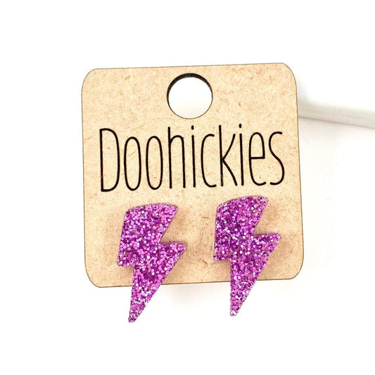 20mm School Spirit Lightning Bolt Studs - Purple Glitter