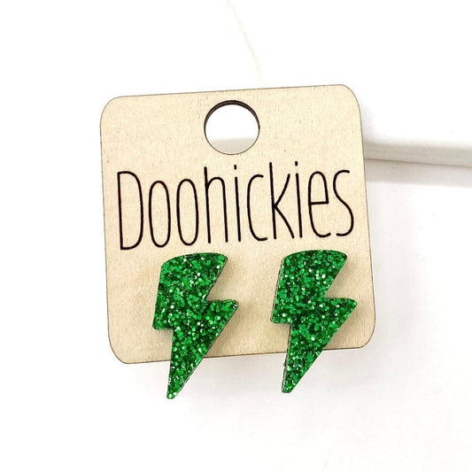 20mm School Spirit Lightning Bolt Studs - Green Glitter