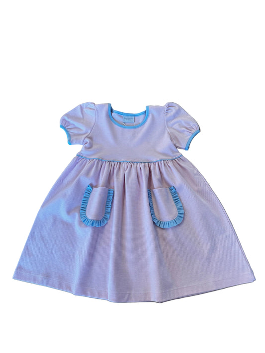 Popover Dress, Pink Ministripe with Blue Trim