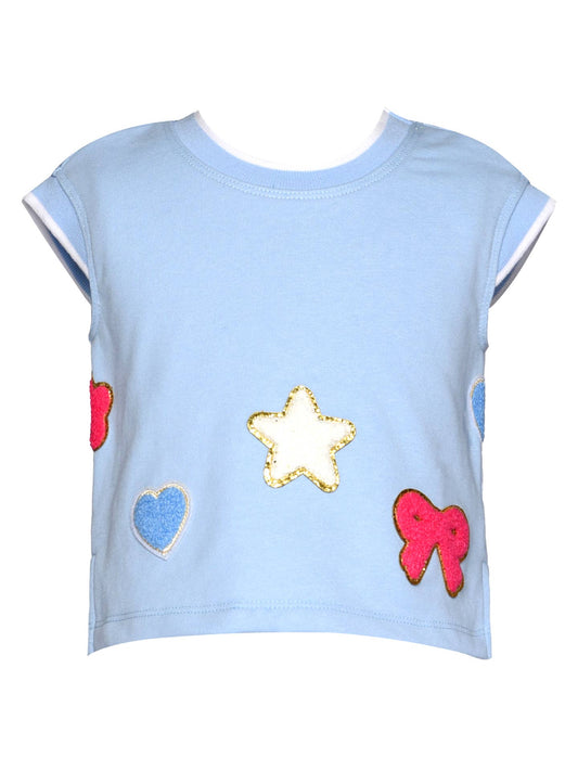 Cap Sleeve Top with Patch Detail, Blue