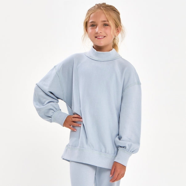 Sky Blue Cotton Terry Mock Neck Sweatshirt