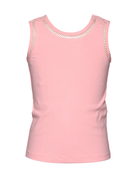 Ribbed Tank Top with Embroidered Trim, Coral