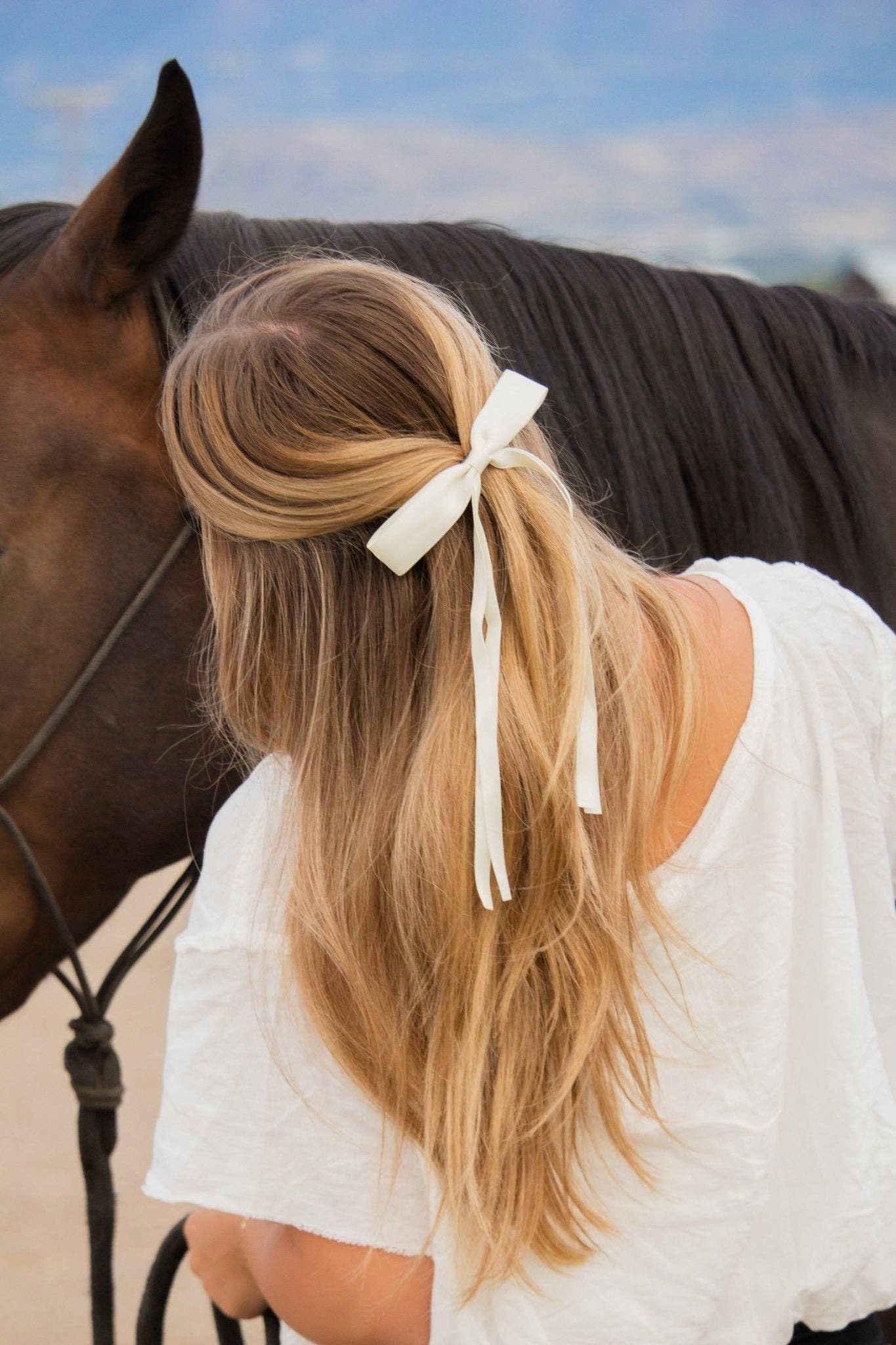Satin Ribbon Long Bow Clip, Cream