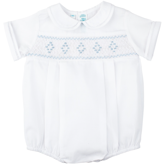 Smocked Embroidered Diamond Creeper, White with Blue