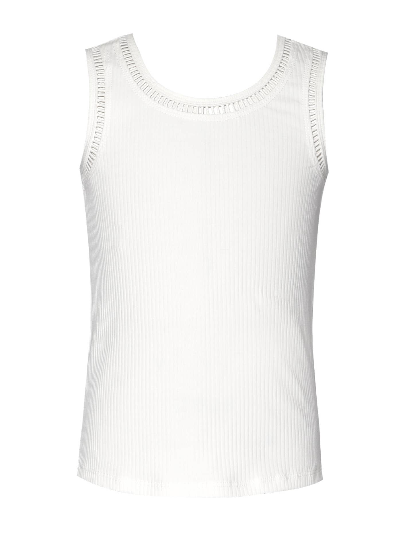 Ribbed Tank Top with Embroidered Trim, White