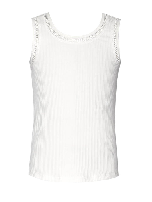 Ribbed Tank Top with Embroidered Trim, White