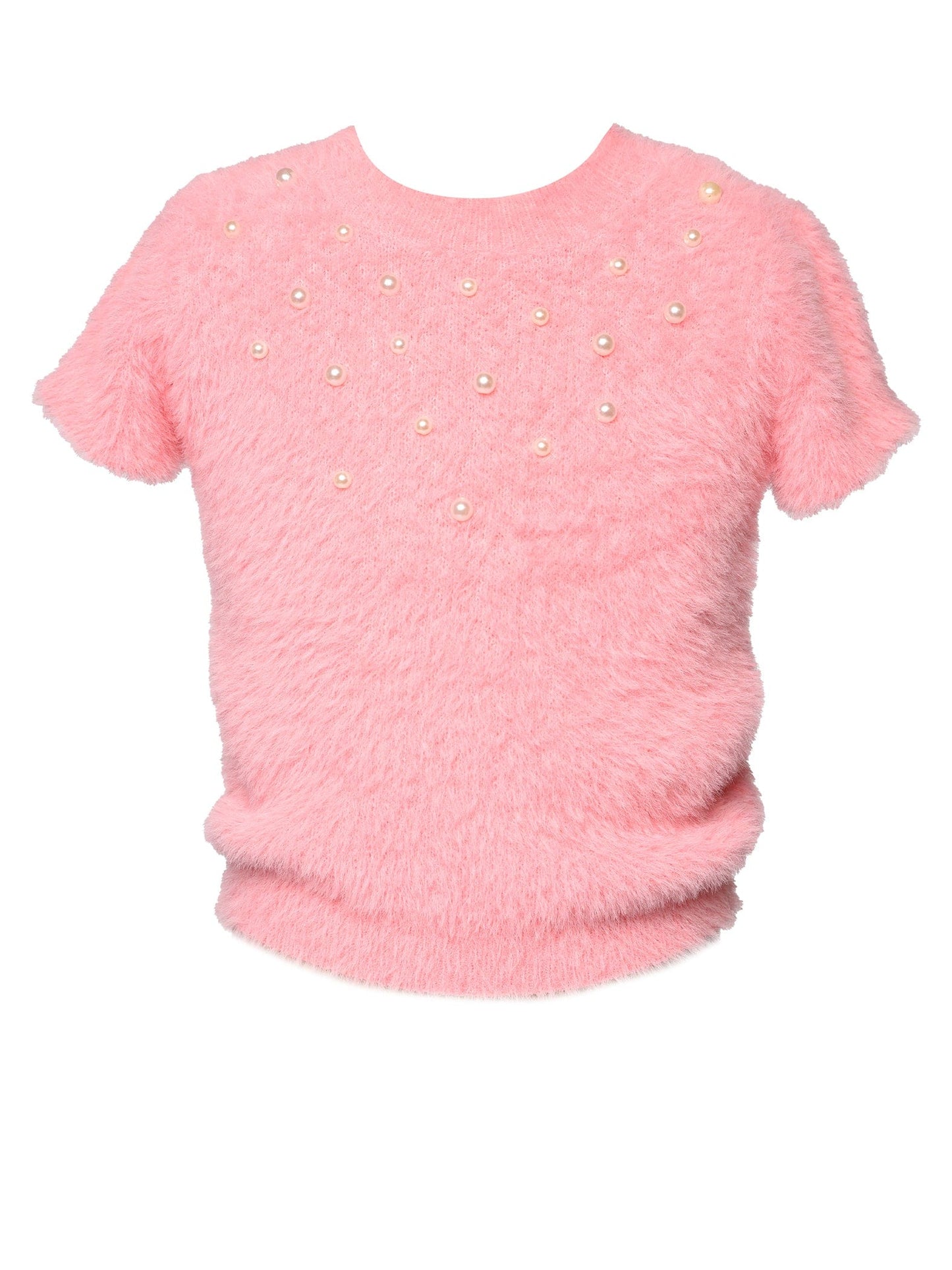 Short Sleeve Fuzzy Sweater with Pearls