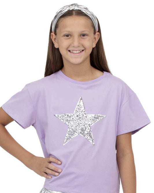 Lavender Boxy Tee, Silver Sequin Star