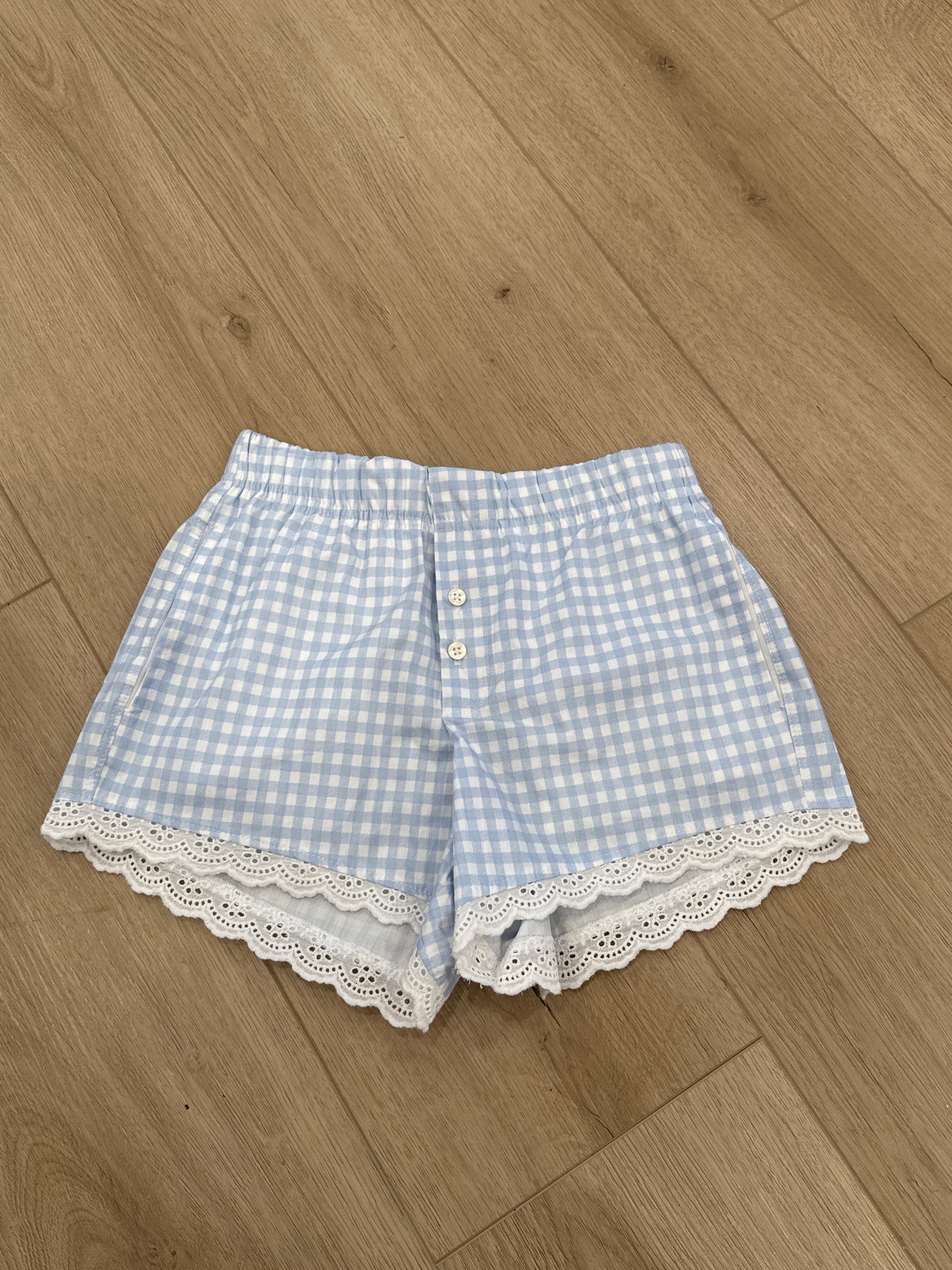 Gingham Lace Trim Boxer Shorts, White/Clear Water