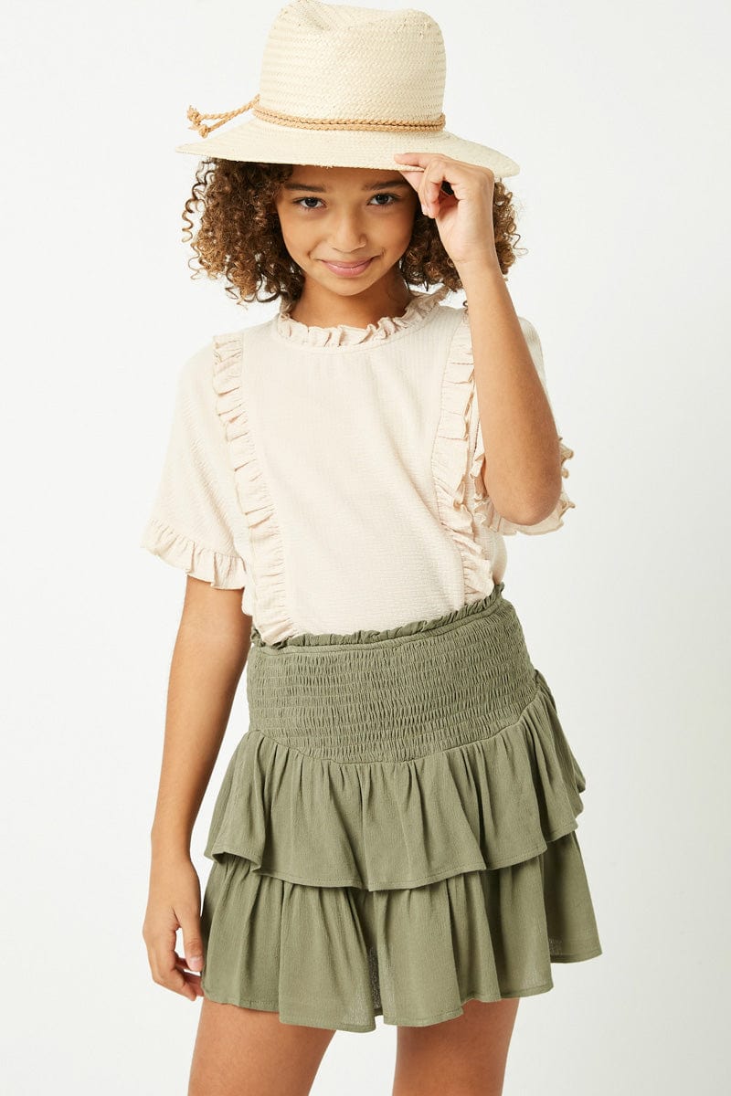 Smocked Ruffled Tiered Skirt - Olive