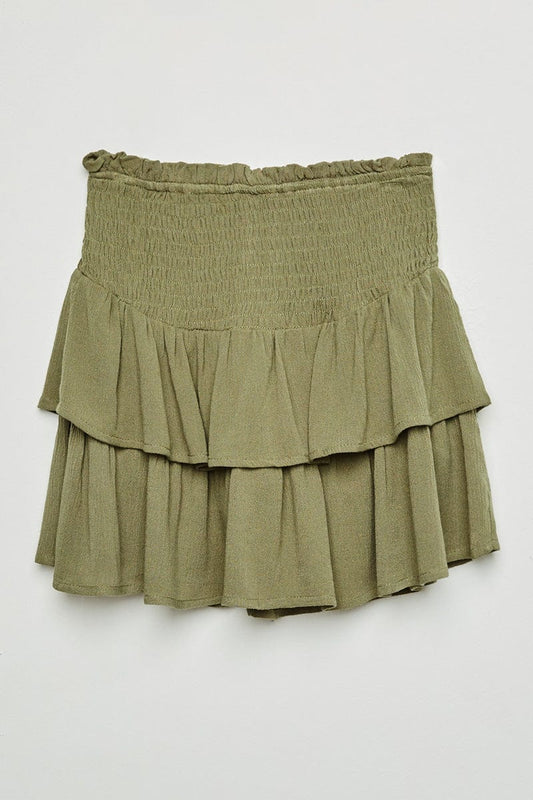 Smocked Ruffled Tiered Skirt - Olive