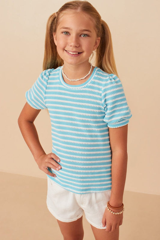 Turquoise & White Stripe Puff Sleeve Top