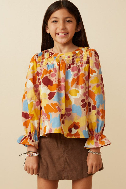 Abstract Floral Smocked Top