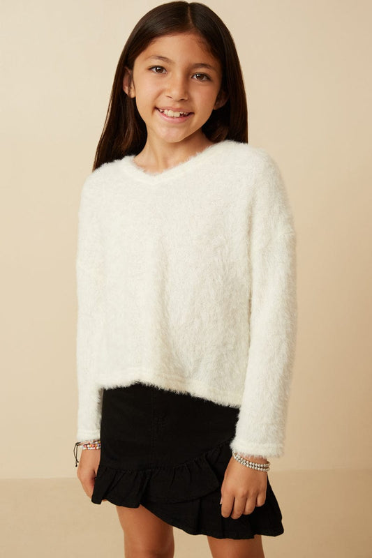 Girls V-Neck Mohair Sweater - Ivory