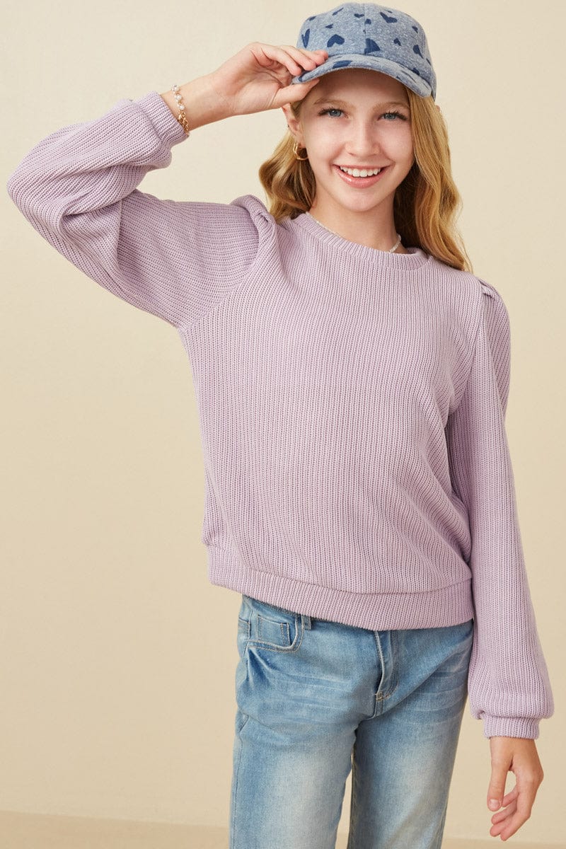 Lavender Banded Sweater with Puff Shoulder