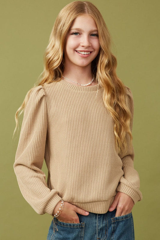 Tan Banded Sweater with Puff Shoulder