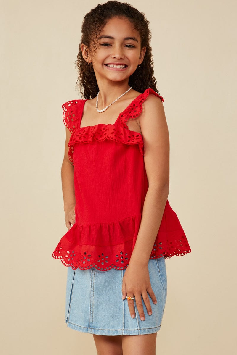 Red Eyelet Ruffle Tank