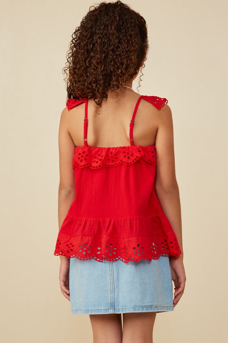 Red Eyelet Ruffle Tank