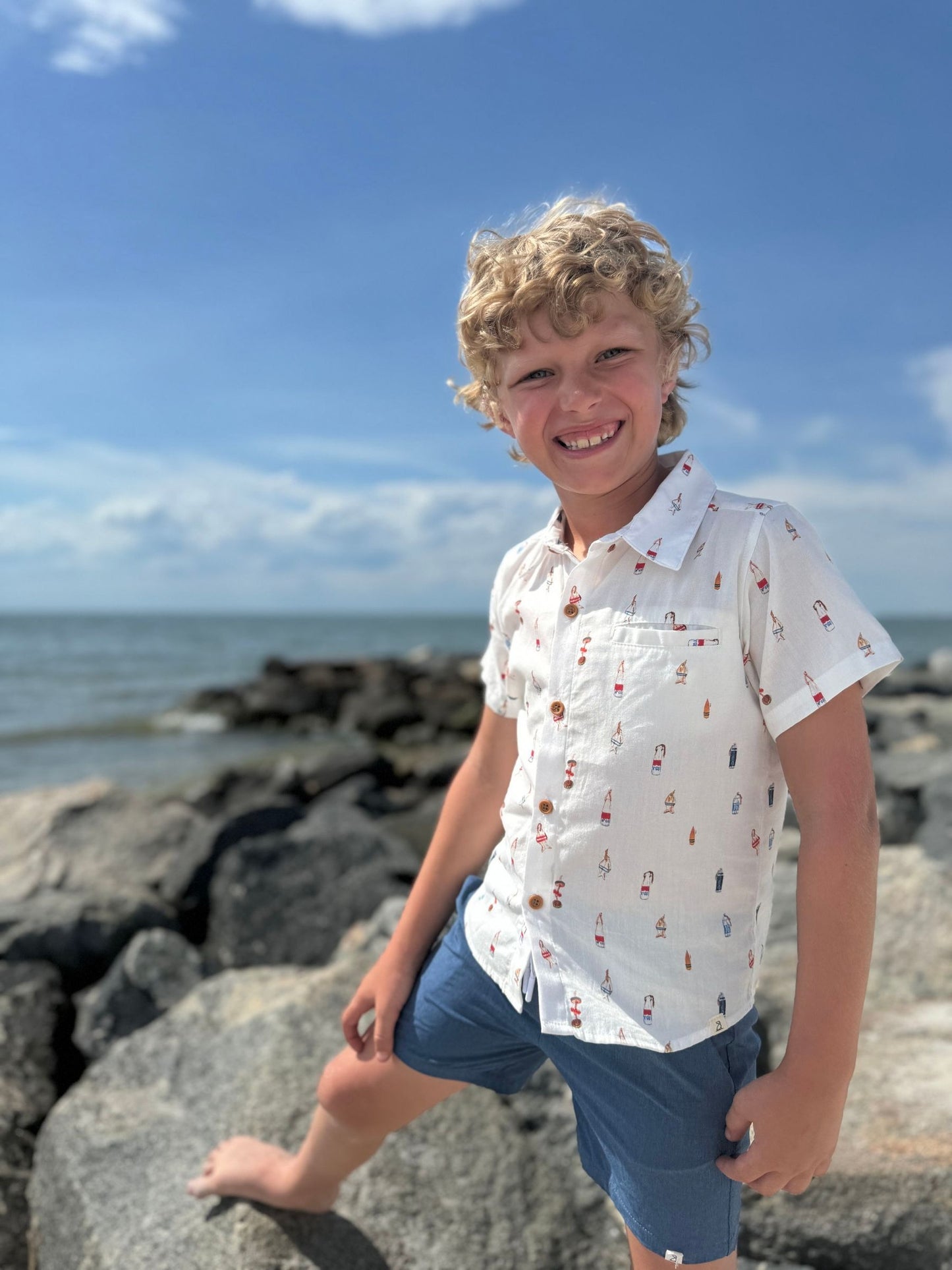 Maui Printed Shirt, White Buoys