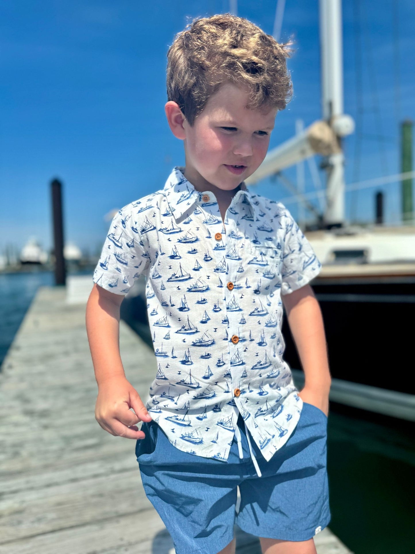 Maui Printed Shirt, Navy Boats