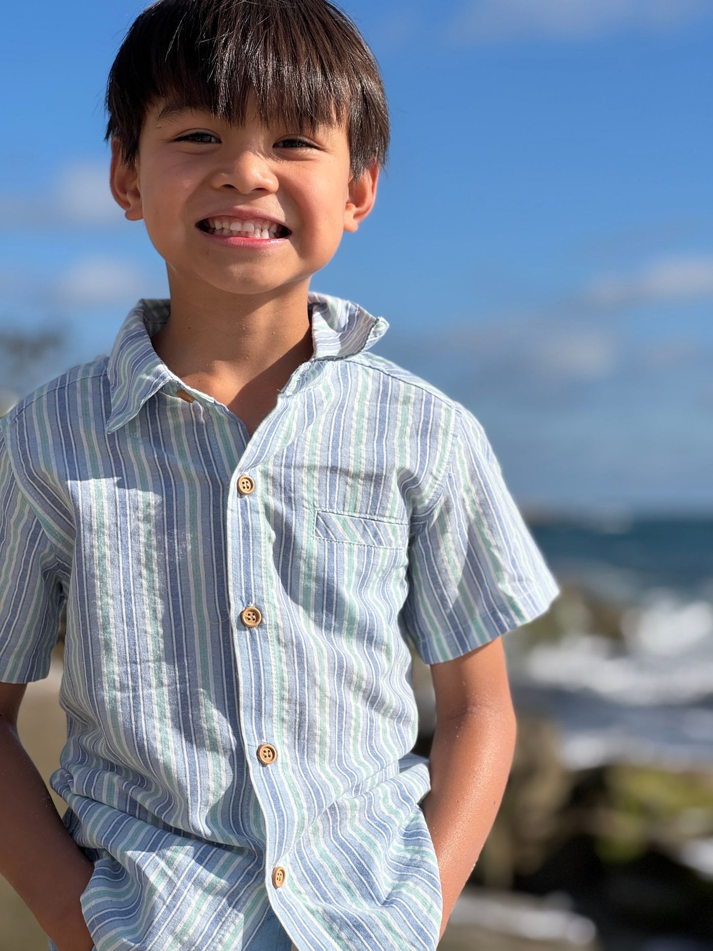 Newport Woven Shirt, Chambray/Mint Stripe