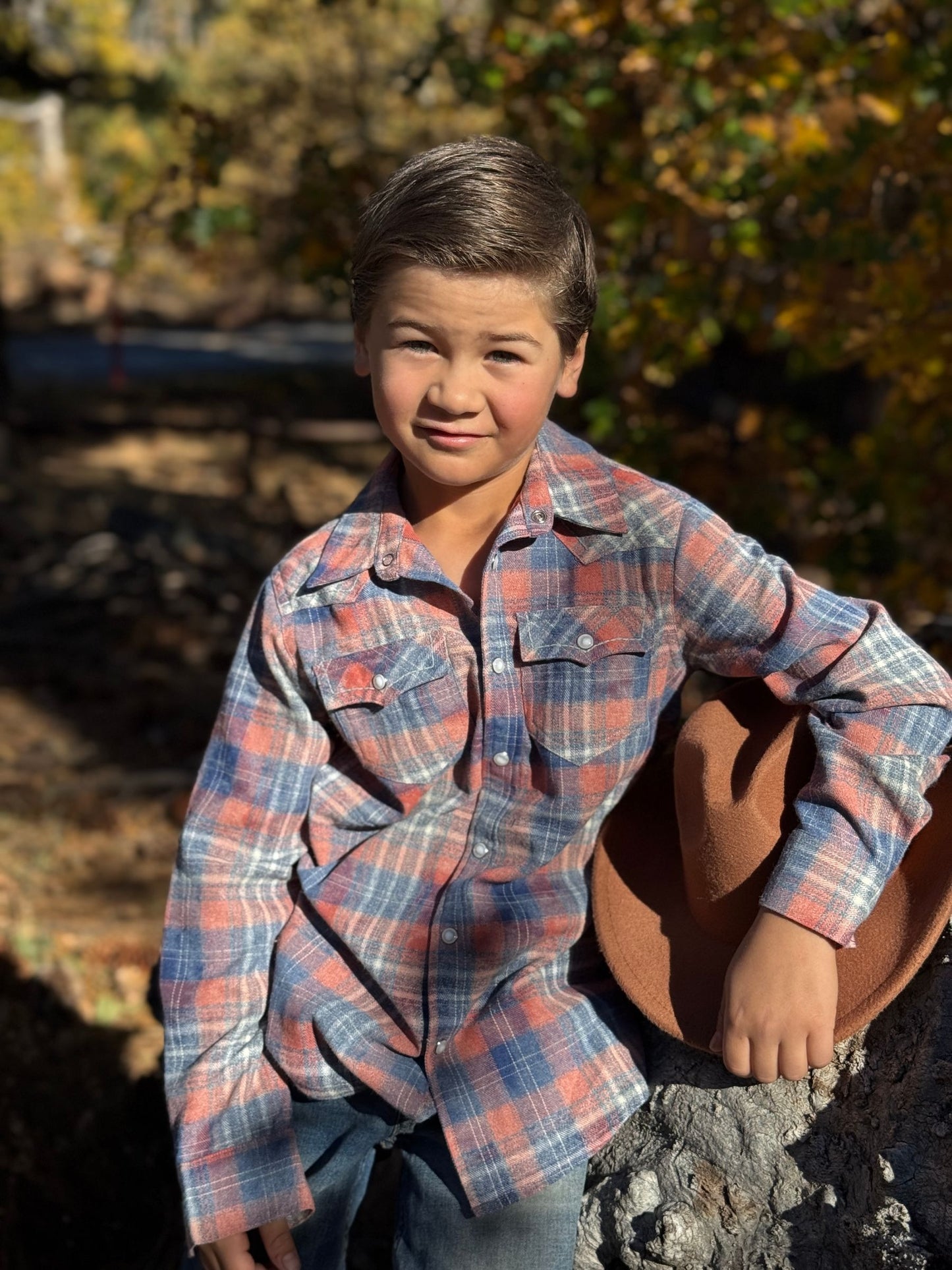 Howdy Western Shirt, Apricot/Blue Plaid