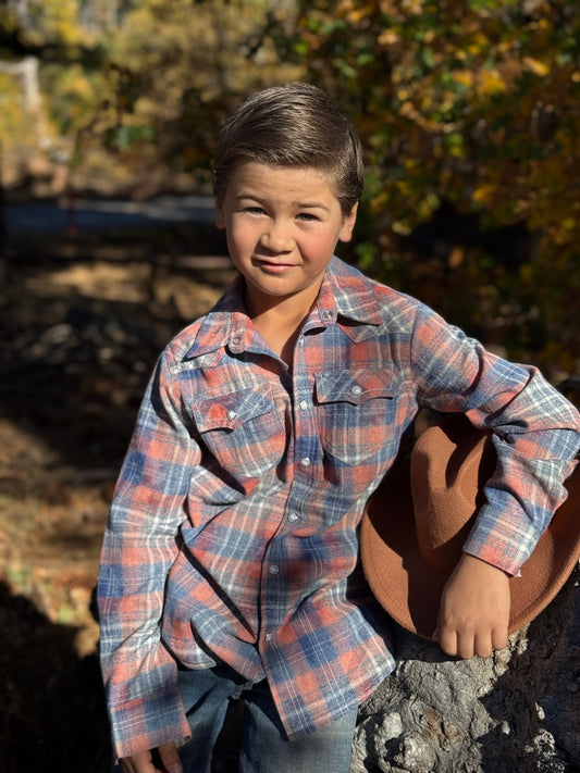 Howdy Western Shirt, Apricot/Blue Plaid