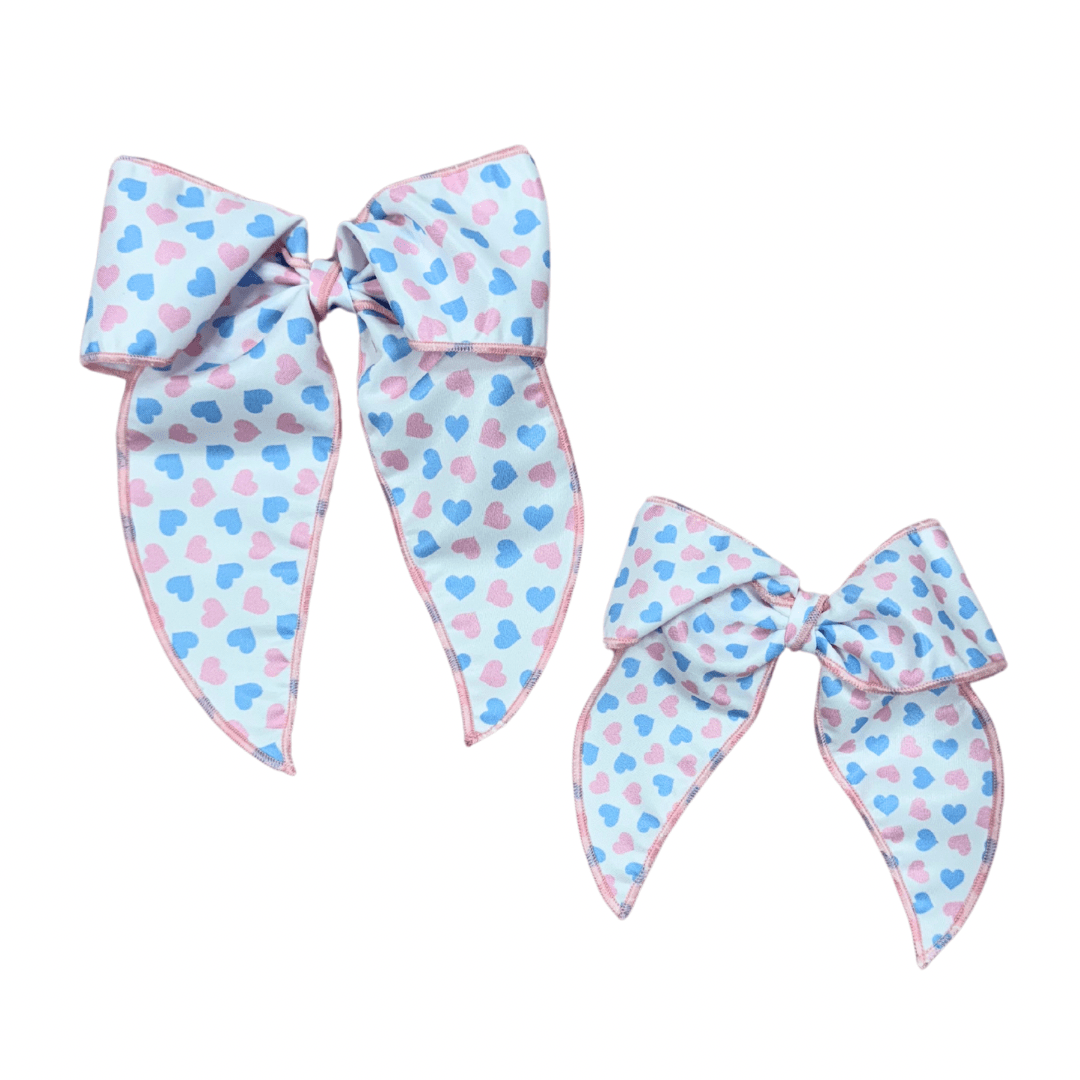 Pink and Blue Hearts Bow with Tails