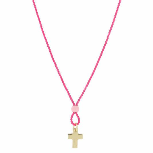 Hot Pink Bead and Gold Cross Necklace