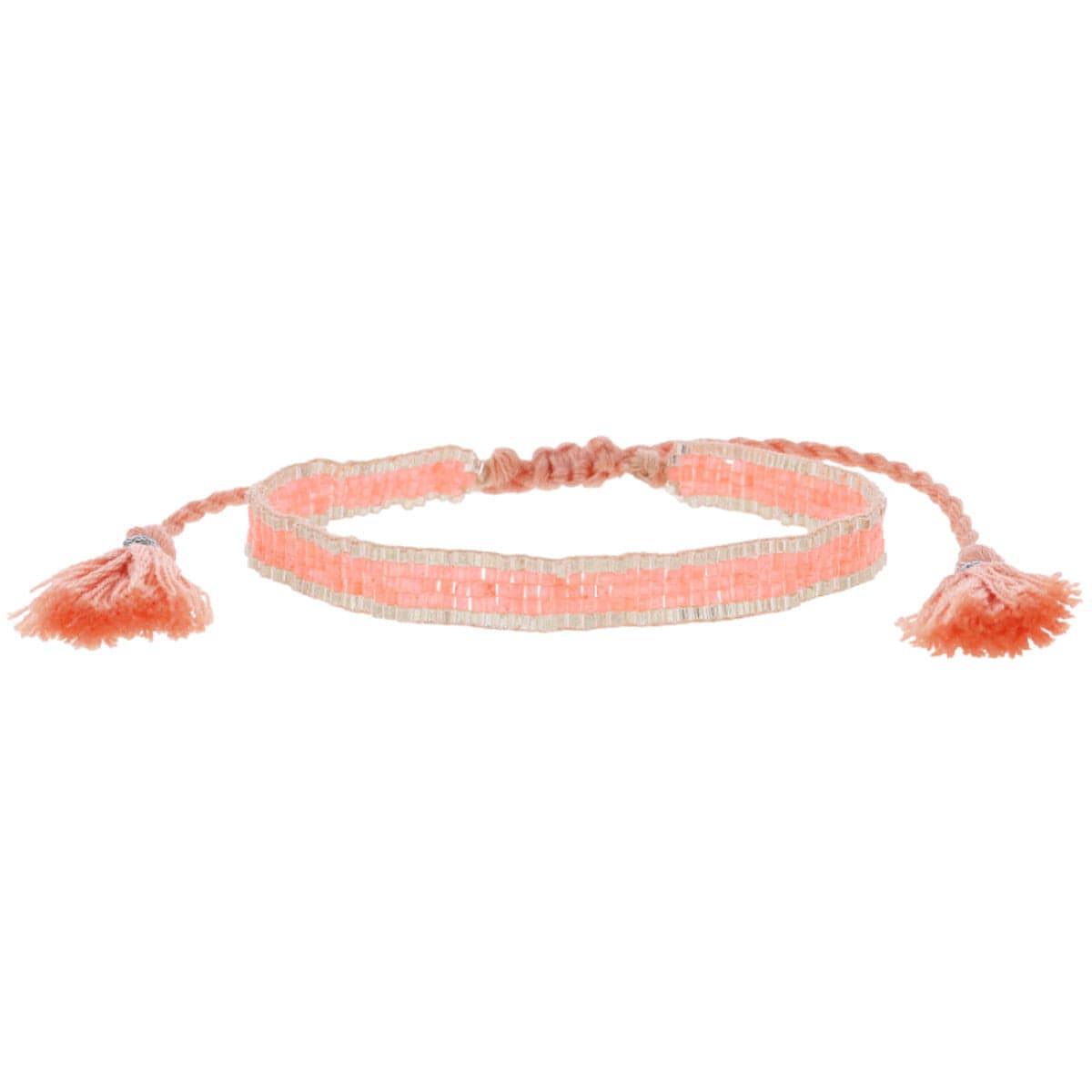 Thin Coral Woven Bracelet with Silver Trim