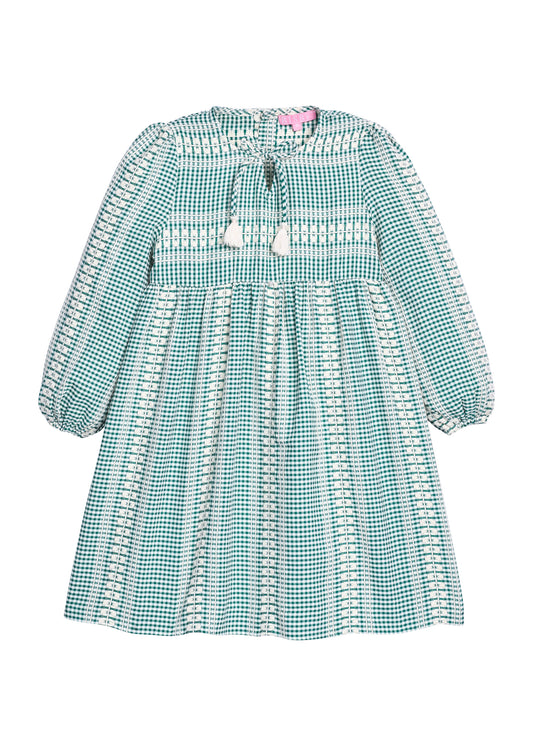 Long Sleeved Riviera Dress, Geneva Gingham Green