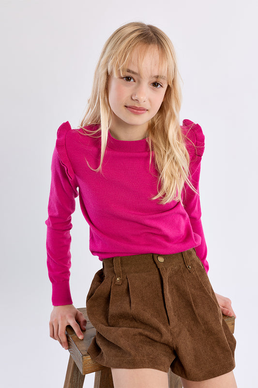 Girls Ruffle Shoulder Top, Fuchsia