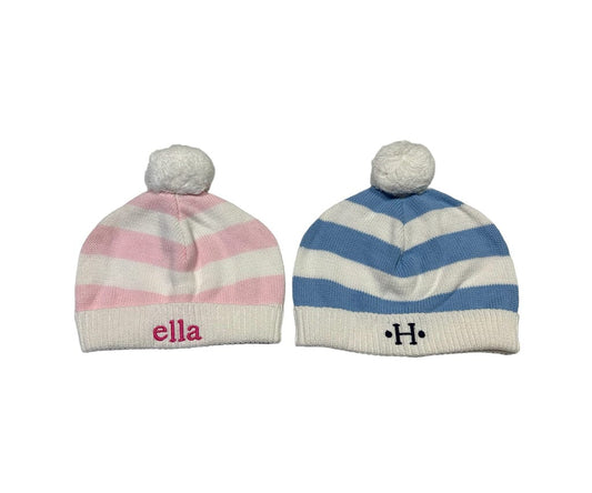 Striped Cotton Beanie with Pom Pom - Pink or Blue