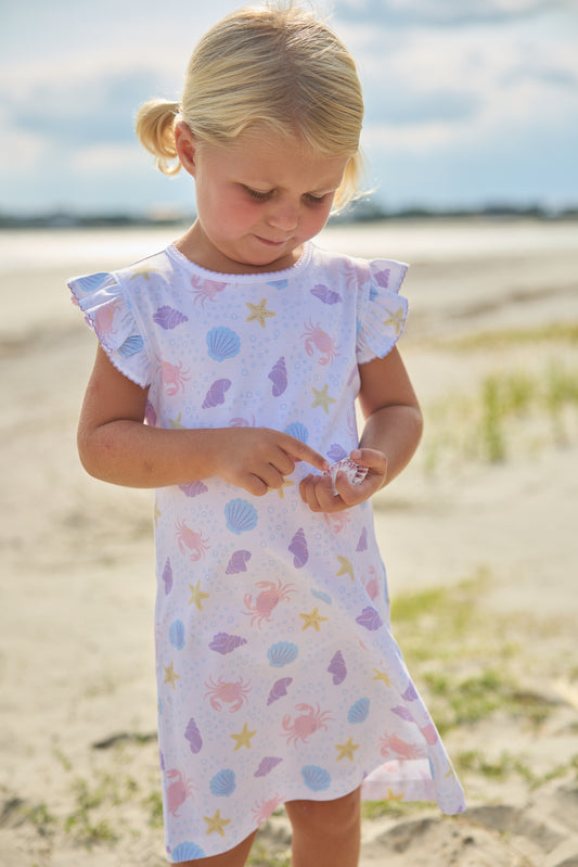 Printed Angel Sleeve Dress, Sea Shells
