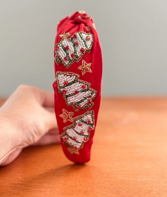 Christmas Headband, Red with White Trees