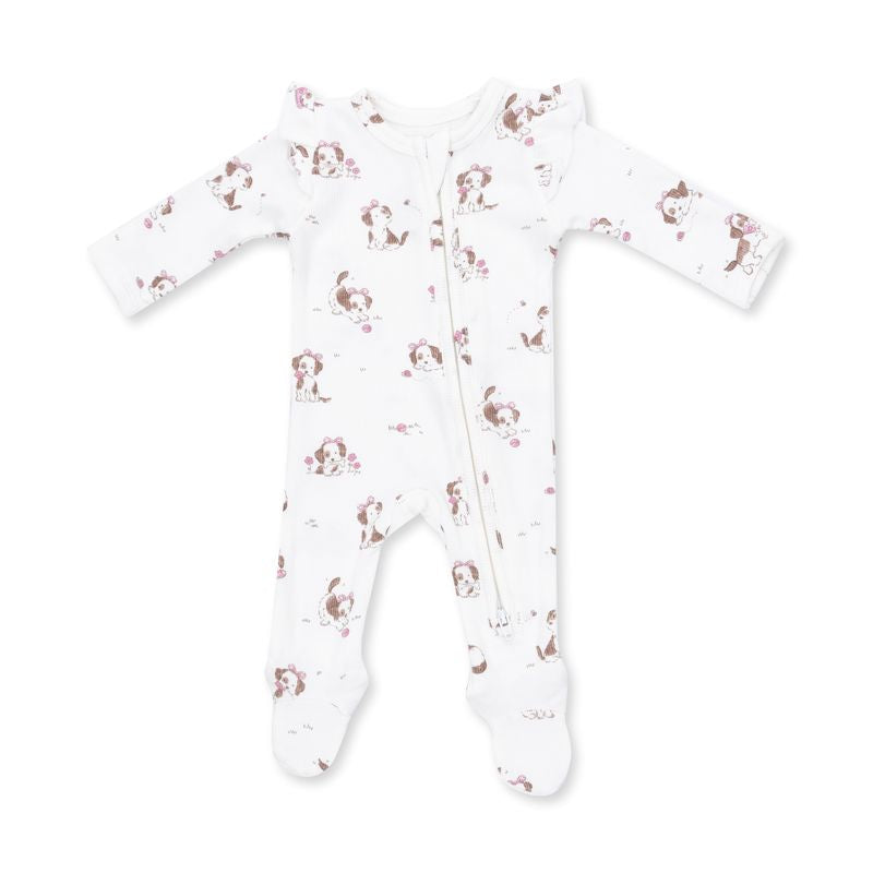 Explorer Puppy Pink, 2 Way Ruffle Sleeve Zipper Footie
