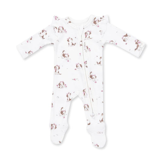 Explorer Puppy Pink, 2 Way Ruffle Sleeve Zipper Footie