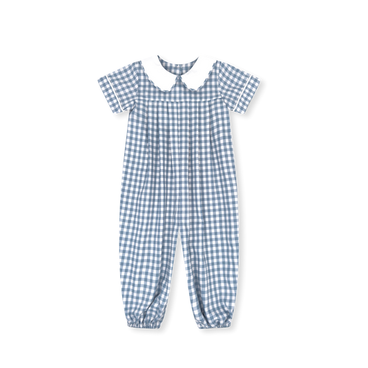 Precious Pleated Romper/Stone Blue Check