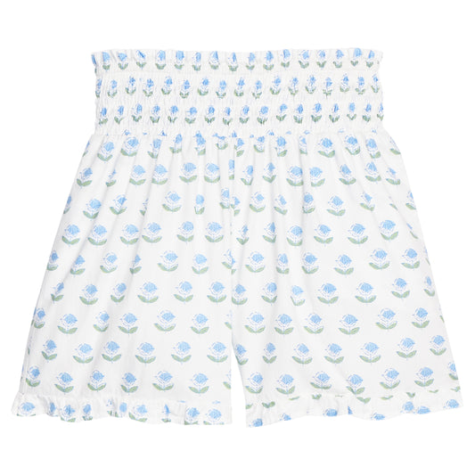 Shirred Ruffle Shorts, Blue Tulip Block Print