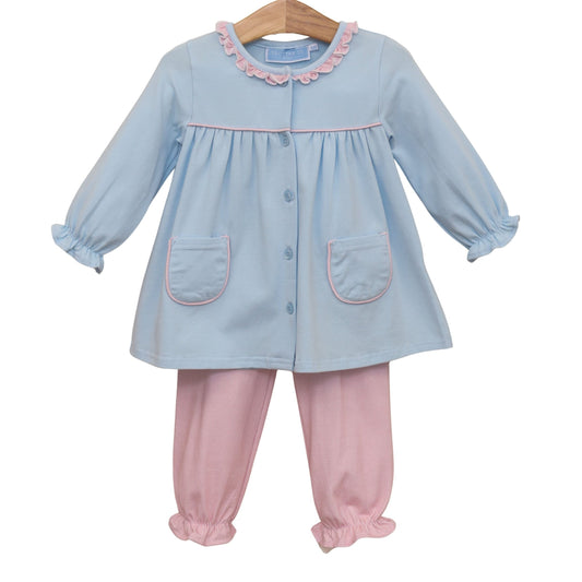 Amelia Bloomer Pant Set, Light Pink Microgingham/Light Blue