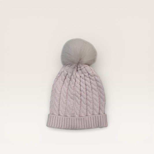 Cable Toboggan Hat with Pom, Pink