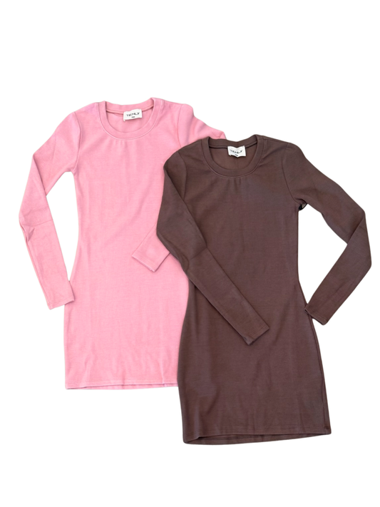 Rayon Rib Long Sleeve Dress, Pretty in Pink
