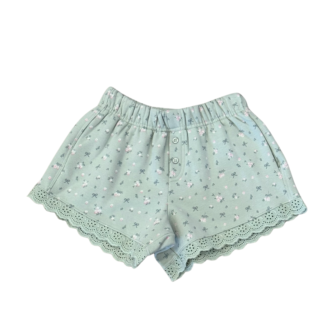 Floral Eyelet Trim Boxer Shorts, Pale Aqua