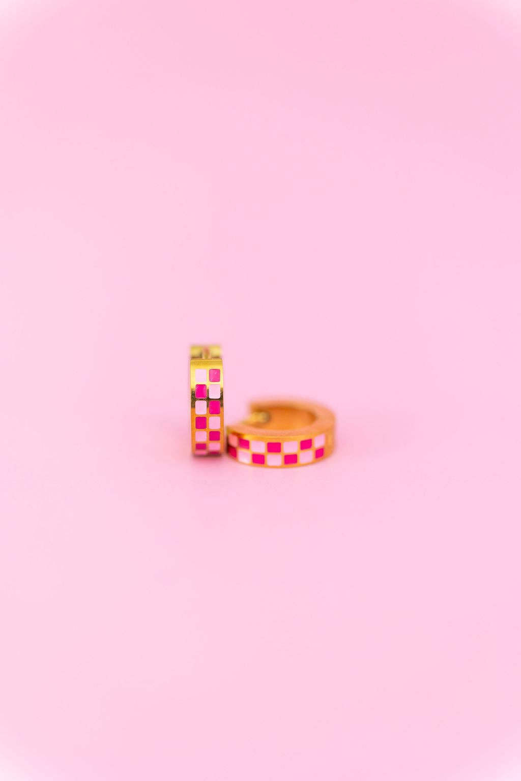 Pink Checkered Chunky Huggie Hoops